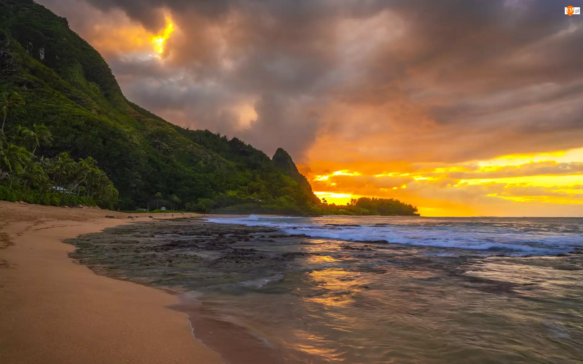 Ocean, Wybrzeże, Palmy, Plaża Tunnels Beach, Hawaje, Roślinność, Morze, Stany Zjednoczone, Góry, Wyspa Kauai, Zachód słońca