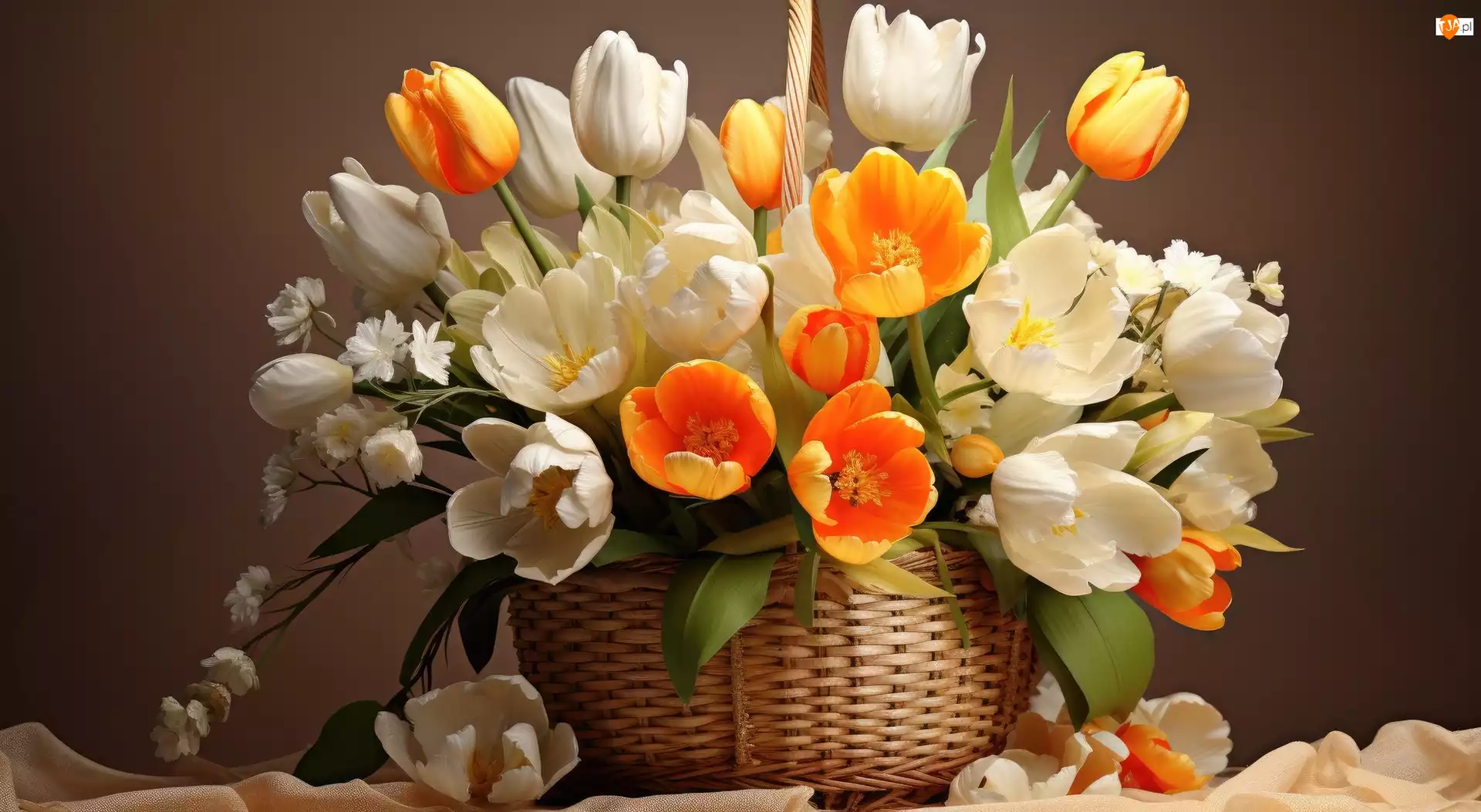 Pomarańczowe, Koszyk, Białe, Kwiaty, Tulipany