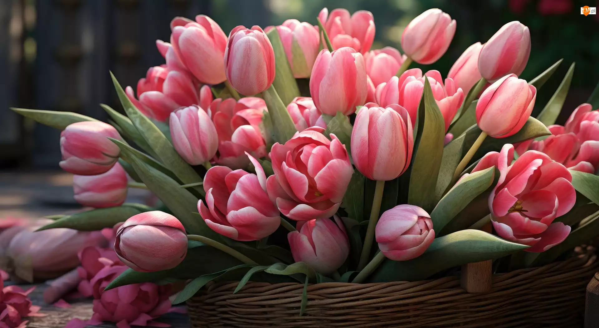Koszyk, Różowe, Tulipany, Liście