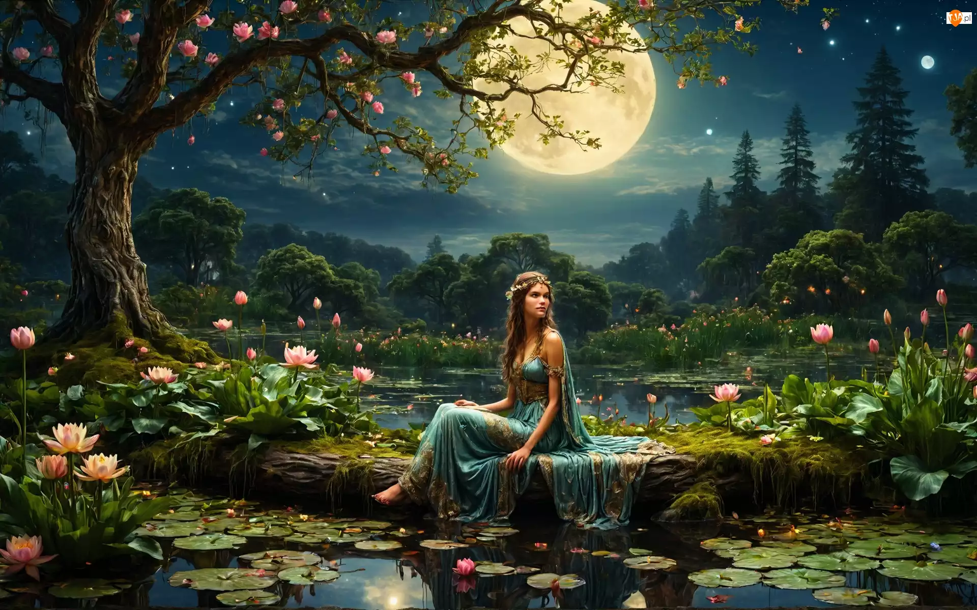 Staw, Kobieta, Drzewo, Grafika, Lilie wodne, Księżyc