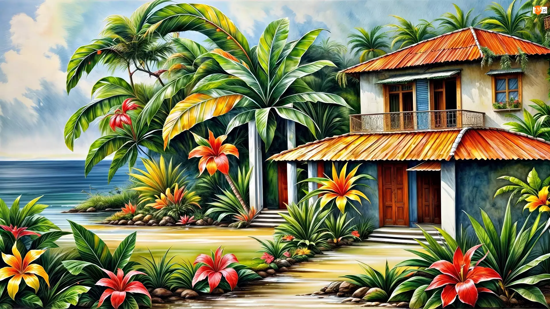 Dom, Kwiaty, Morze, Grafika, Palmy, Tropiki