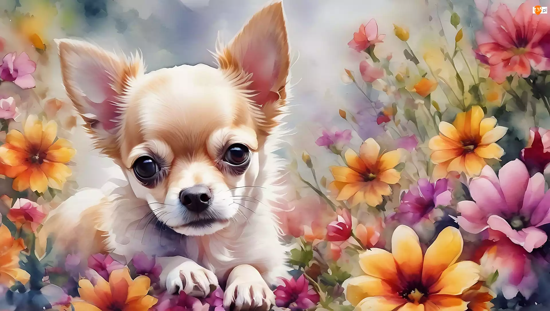 Pies, Chihuahua, Kwiaty, Grafika, Szczeniak, Akwarela