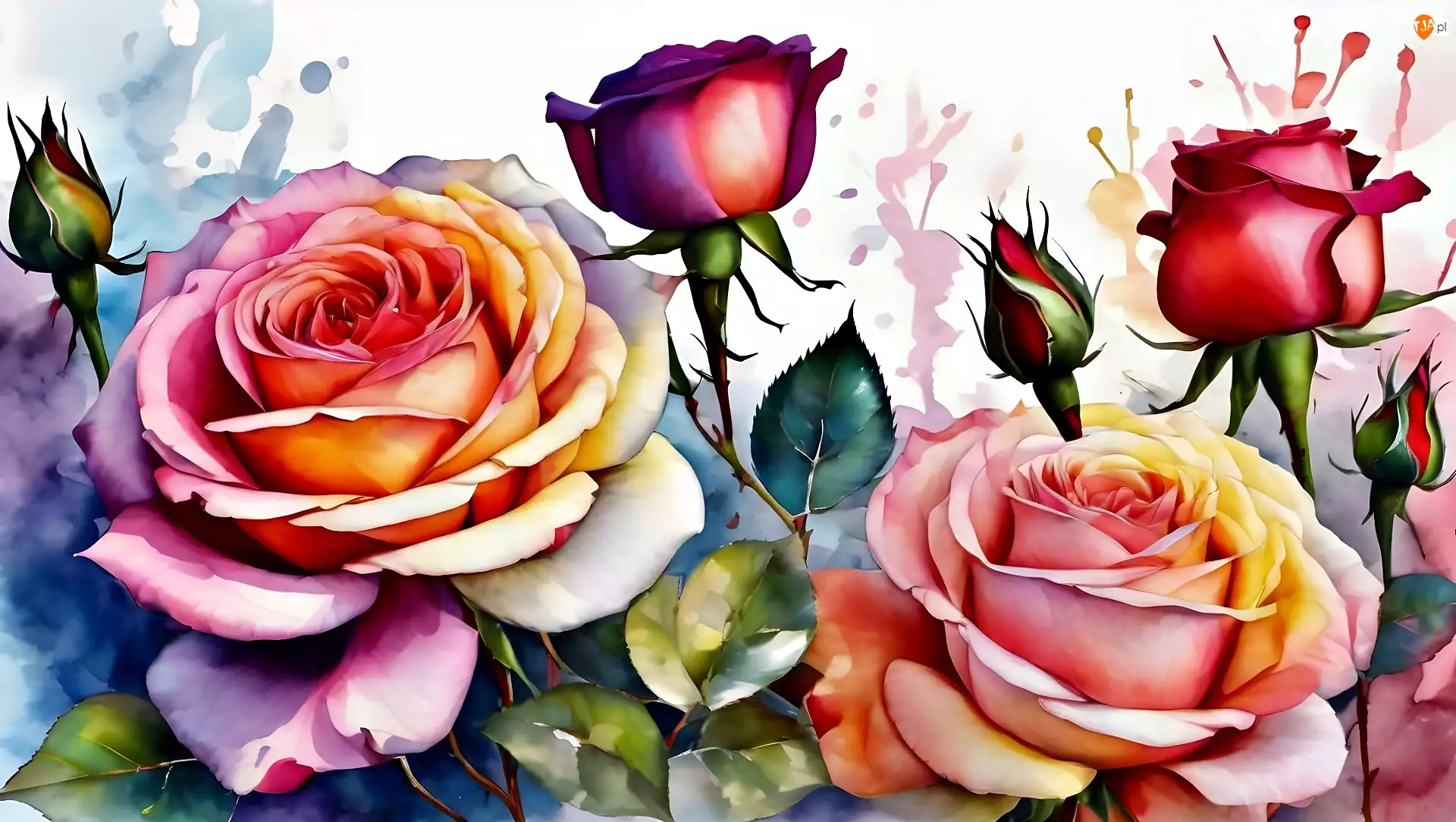 Kwiaty, Grafika, Kolorowe, Róże, Akwarela