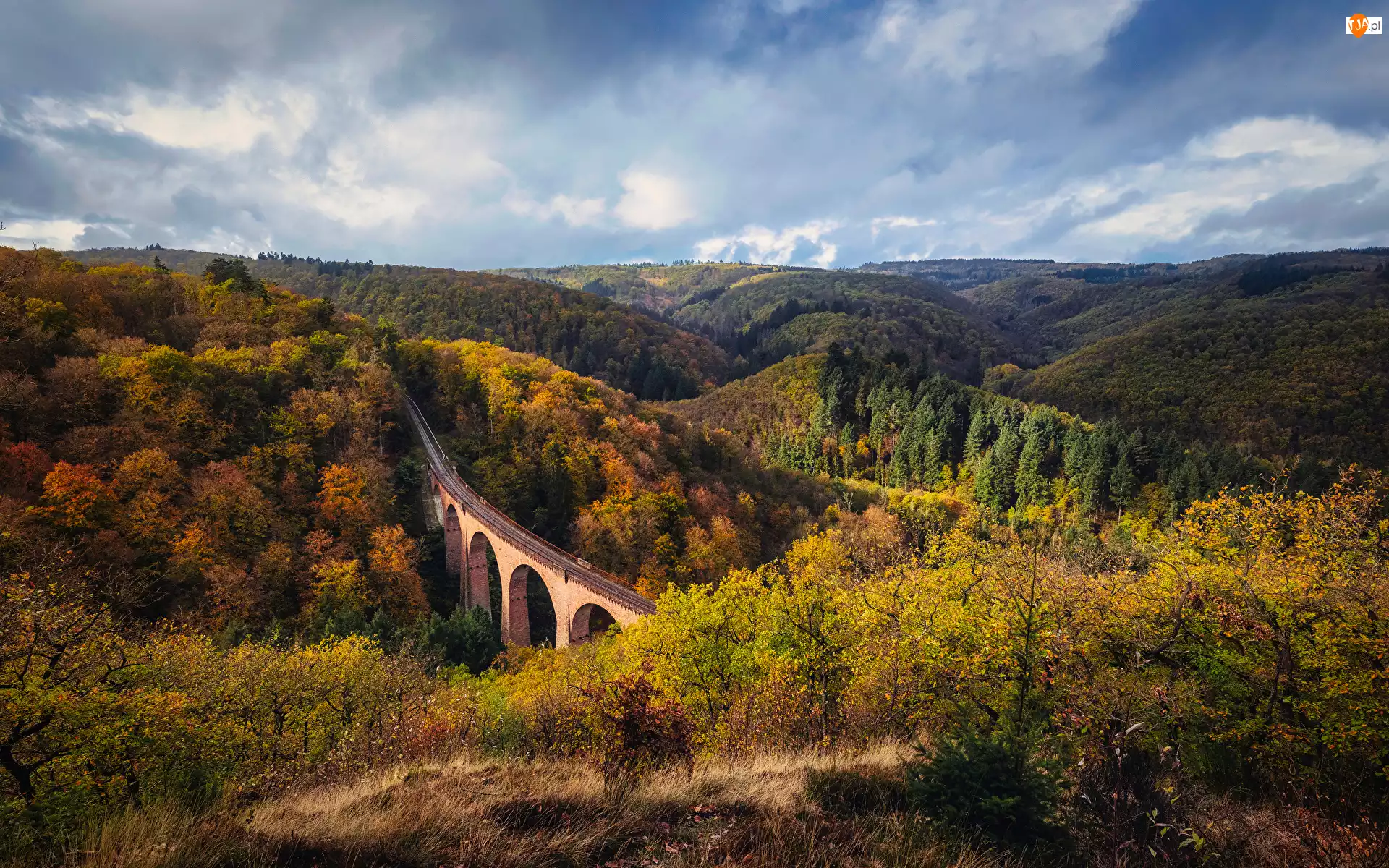 Góry, Lasy, Niemcy, Jesień, Hubertusviadukt, Most, Drzewa