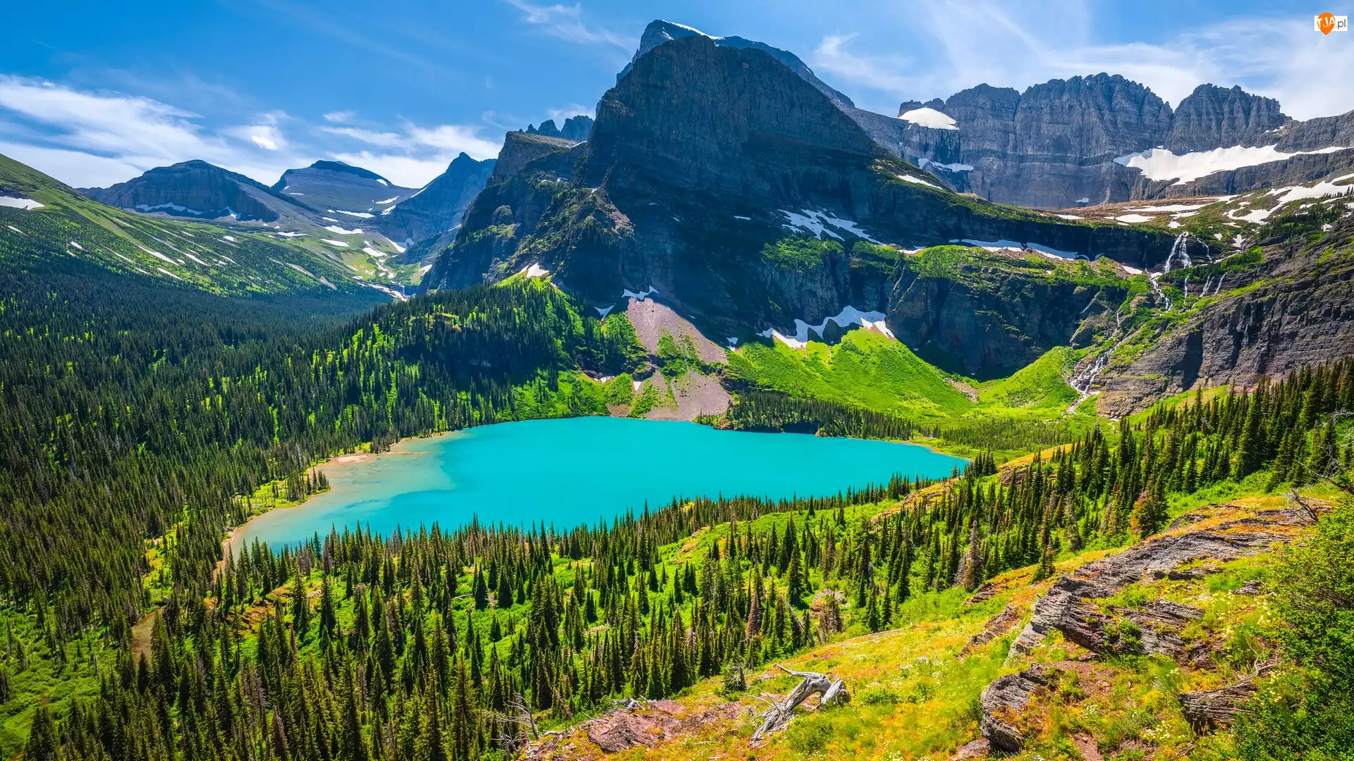 Jezioro, Park Narodowy Glacier, Drzewa, Grinnell Lake, Montana, Góry, Rośliny, Stany Zjednoczone