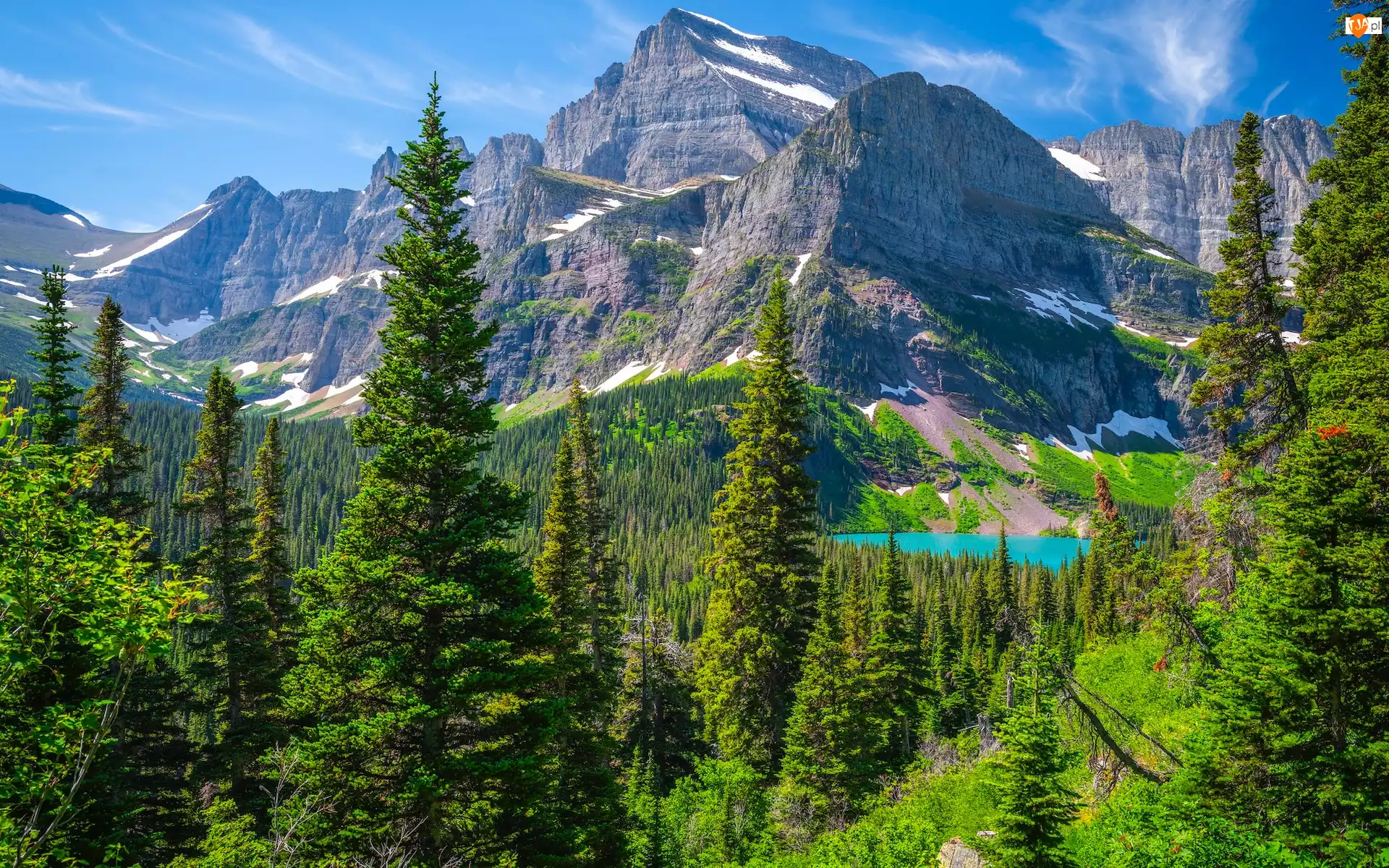 Grinnell Lake, Stany Zjednoczone, Góry, Lasy, Montana, Jezioro, Drzewa, Park Narodowy Glacier