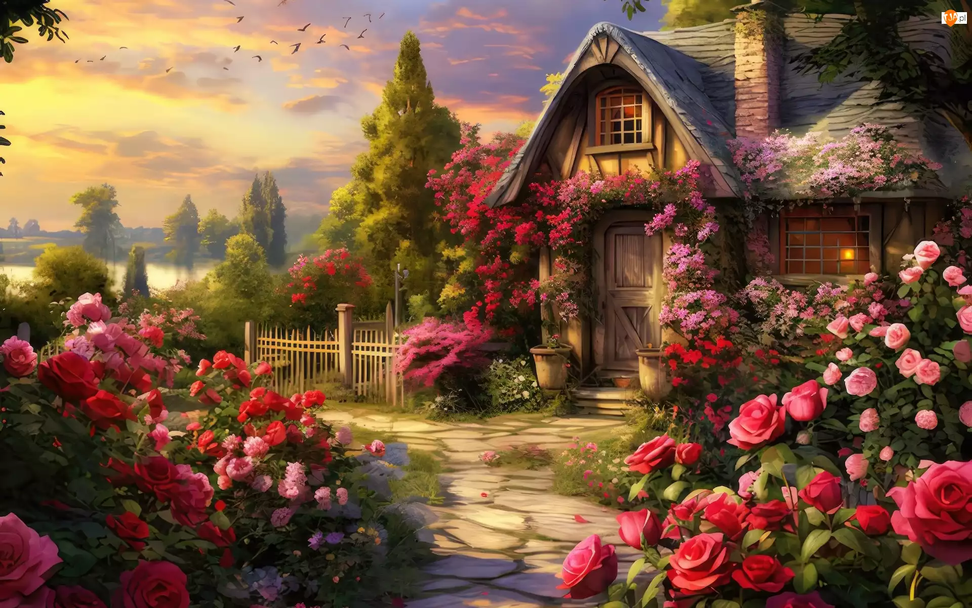 Dom, Grafika, Drzewa, Róże, Ogród, Kwiaty