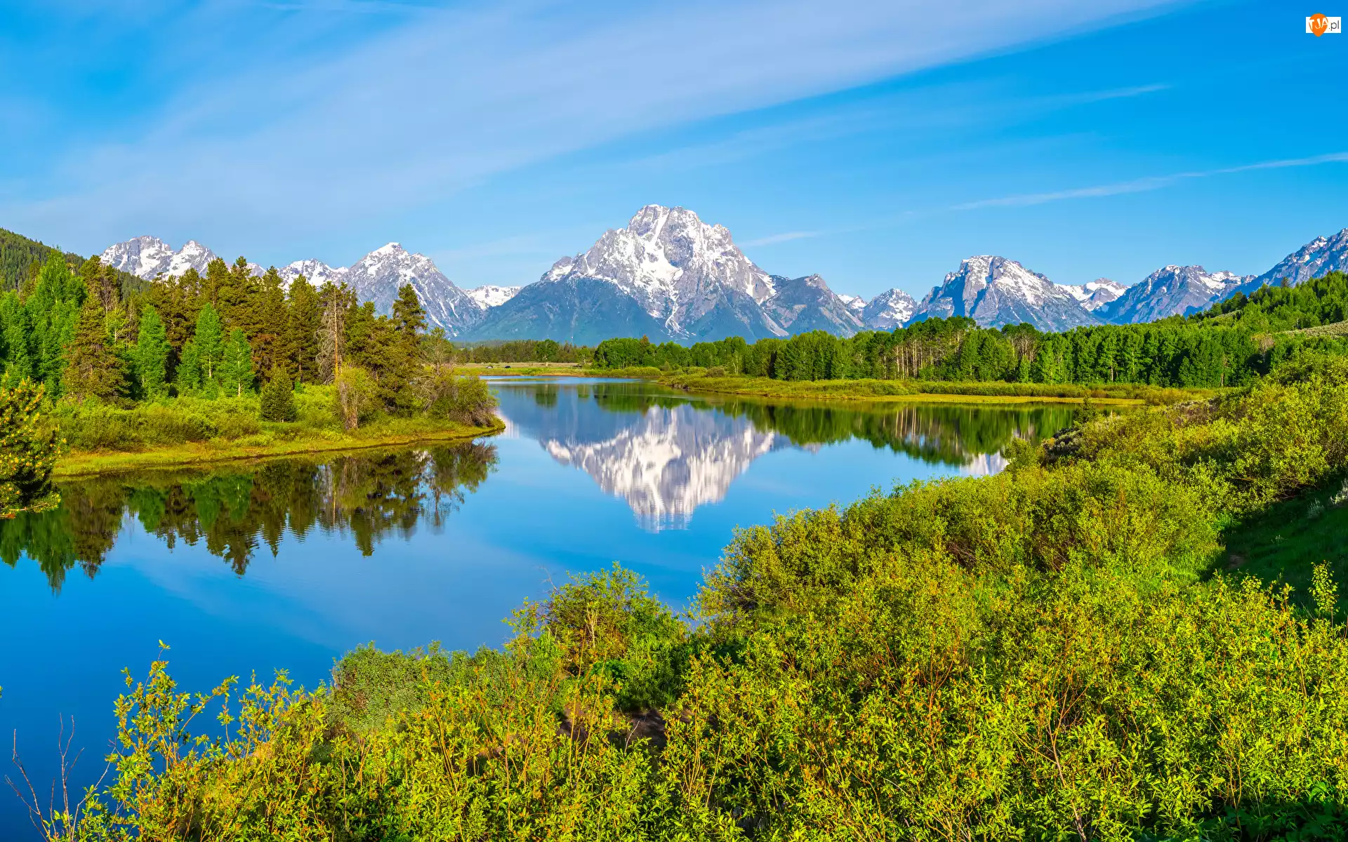 Rzeka, Stany Zjednoczone, Ośnieżone, Snake River, Stan Wyoming, Góry, Drzewa, Park Narodowy Grand Teton