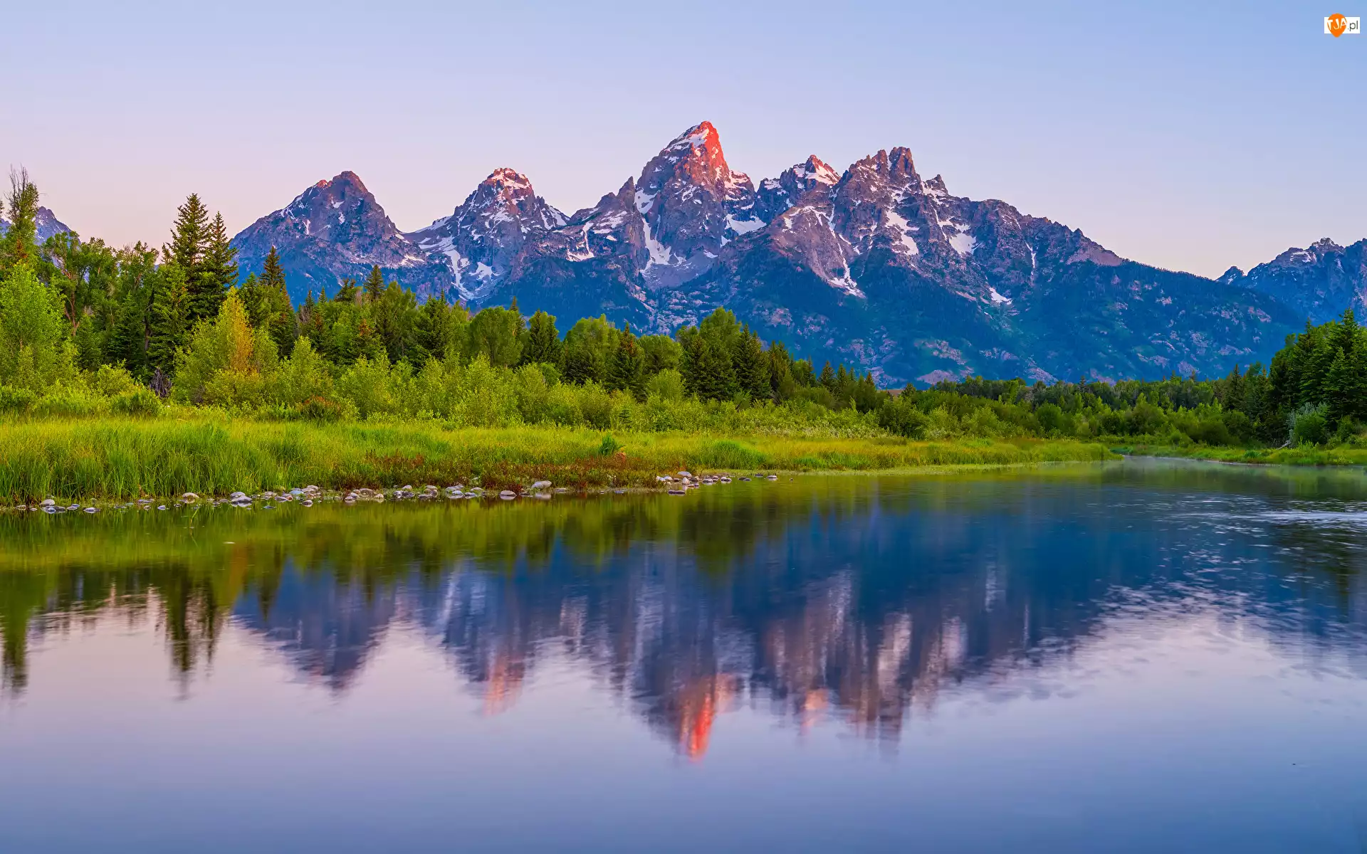 Odbicie, Stany Zjednoczone, Góry, Drzewa, Stan Wyoming, Rzeka Snake, Trawa, Park Narodowy Grand Teton