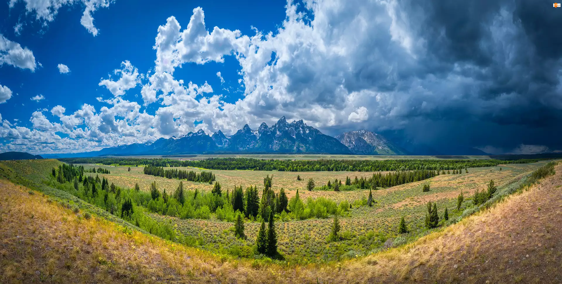 Góry, Stany Zjednoczone, Równina, Chmury, Wyoming, Drzewa, Niebo, Park Narodowy Grand Teton