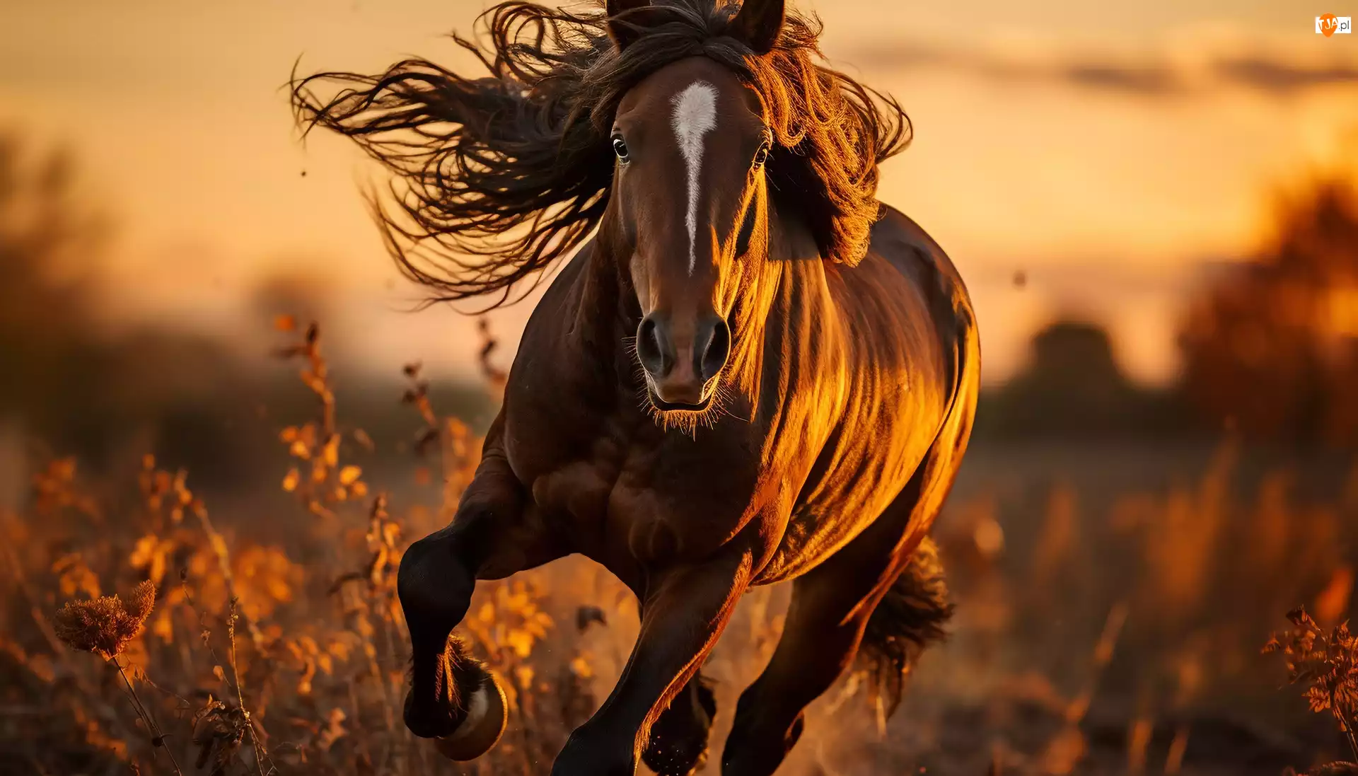 Grafika, Koń, Galop, Zachód słońca