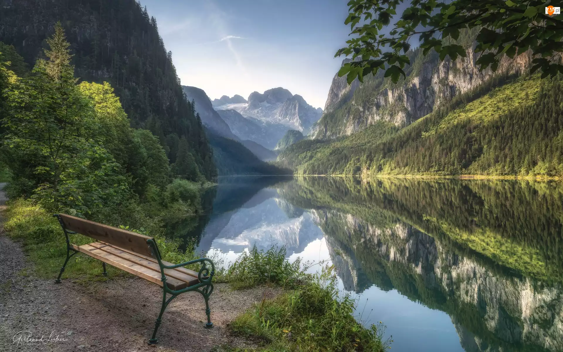 Góry, Austria, Gosausee, Drzewa, Jezioro, Ławka