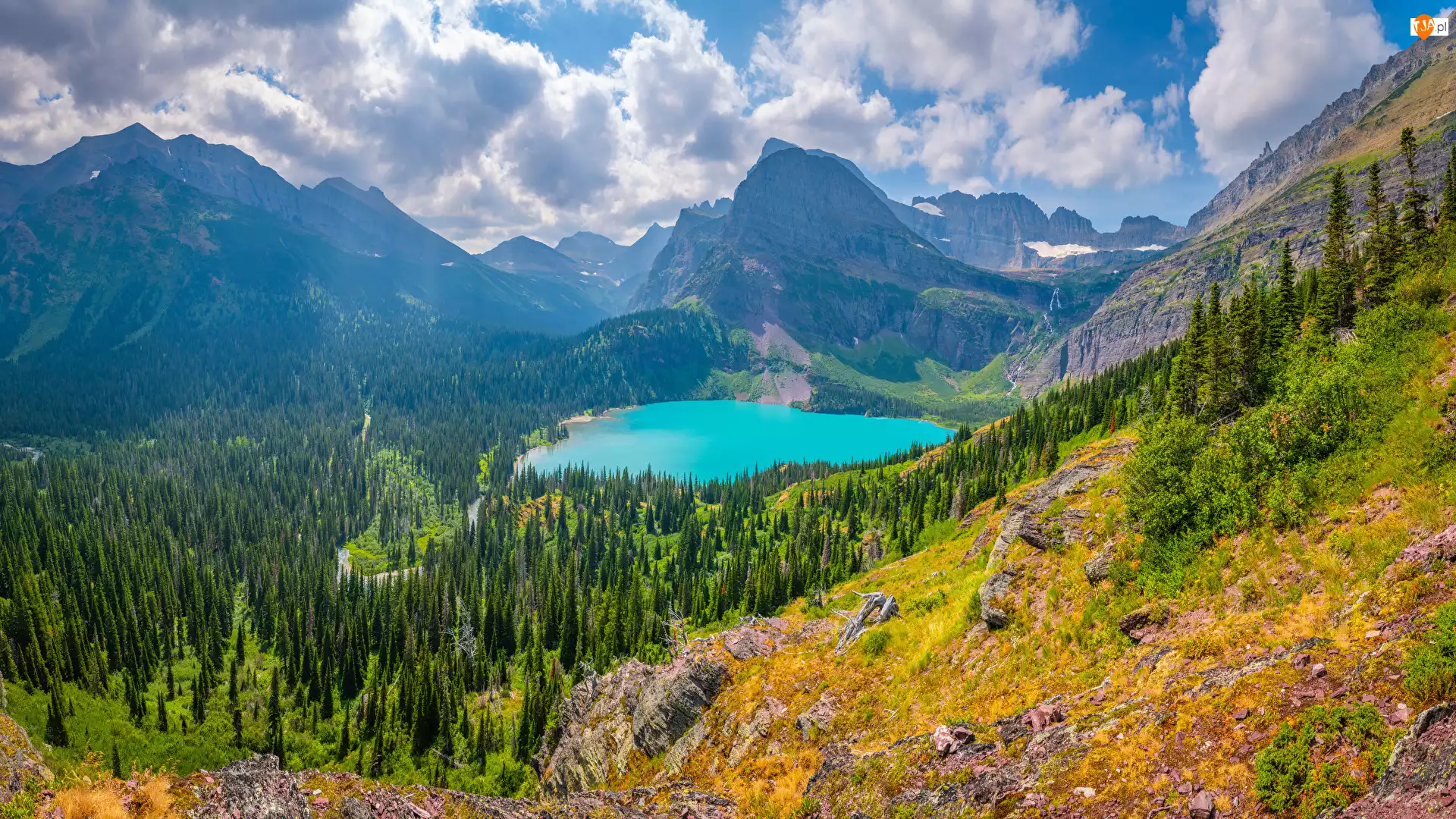 Las, Stany Zjednoczone, Góry Skaliste, Drzewa, Montana, Jezioro St Mary, Chmury, Park Narodowy Glacier