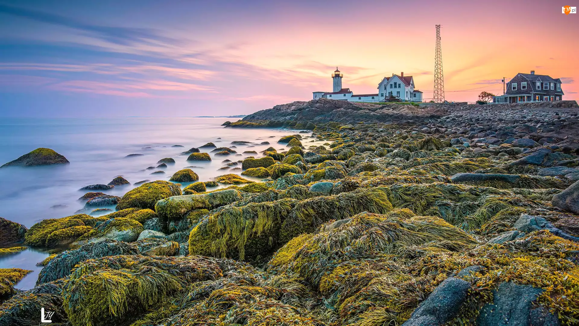 Wschód słońca, Stan Massachusetts, Skały, Latarnia morska, Nobska Point Light, Zatoka, Cape Cod Bay, Stany Zjednoczone, Morze