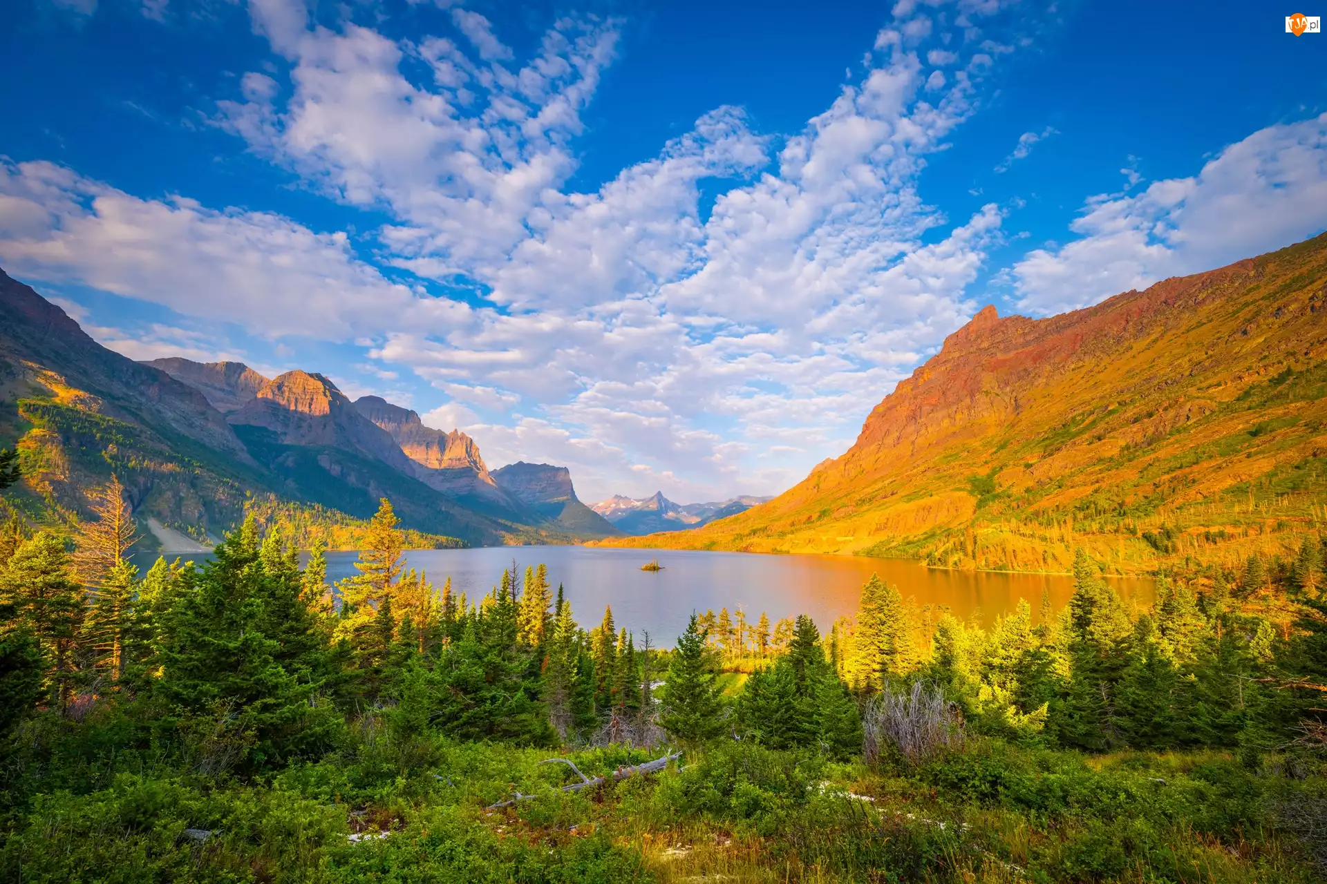 Saint Mary Lake, Jezioro, Park Narodowy Glacier, Stany Zjednoczone, Góry, Stan Montana