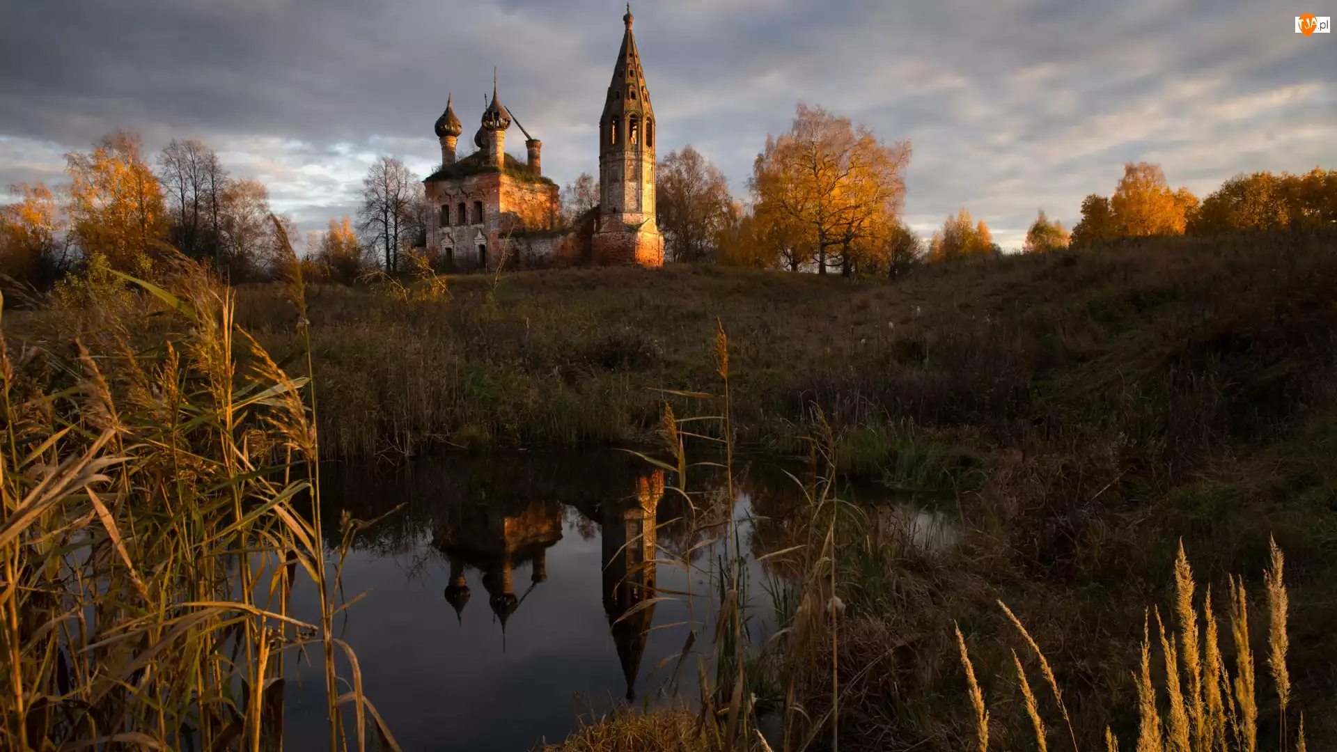 Pożółkłe, Jesień, Wzgórze, Drzewa, Szuwary, Cerkiew, Chmury, Trawa