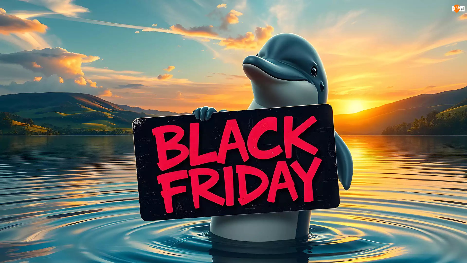 Delfin, Góry, Black Friday, Grafika, Jezioro