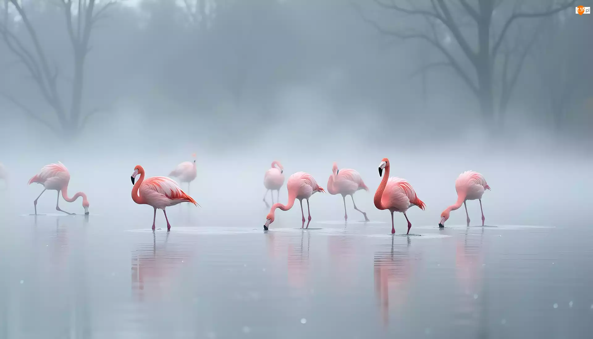 Grafika, Flamingi, Ptaki, Mgła