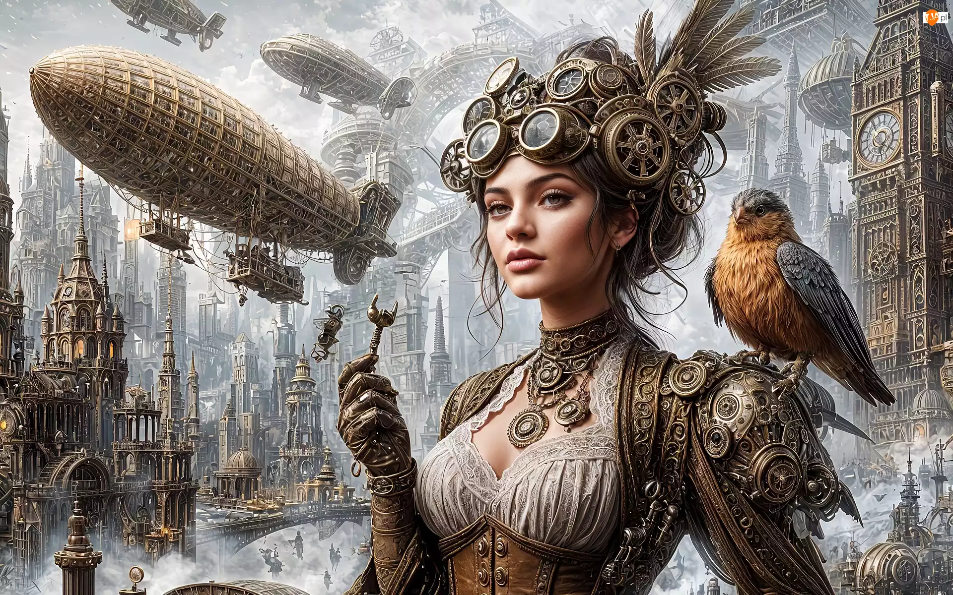 Kobieta, Ptak, Steampunk, Fantasy, Wieżowce