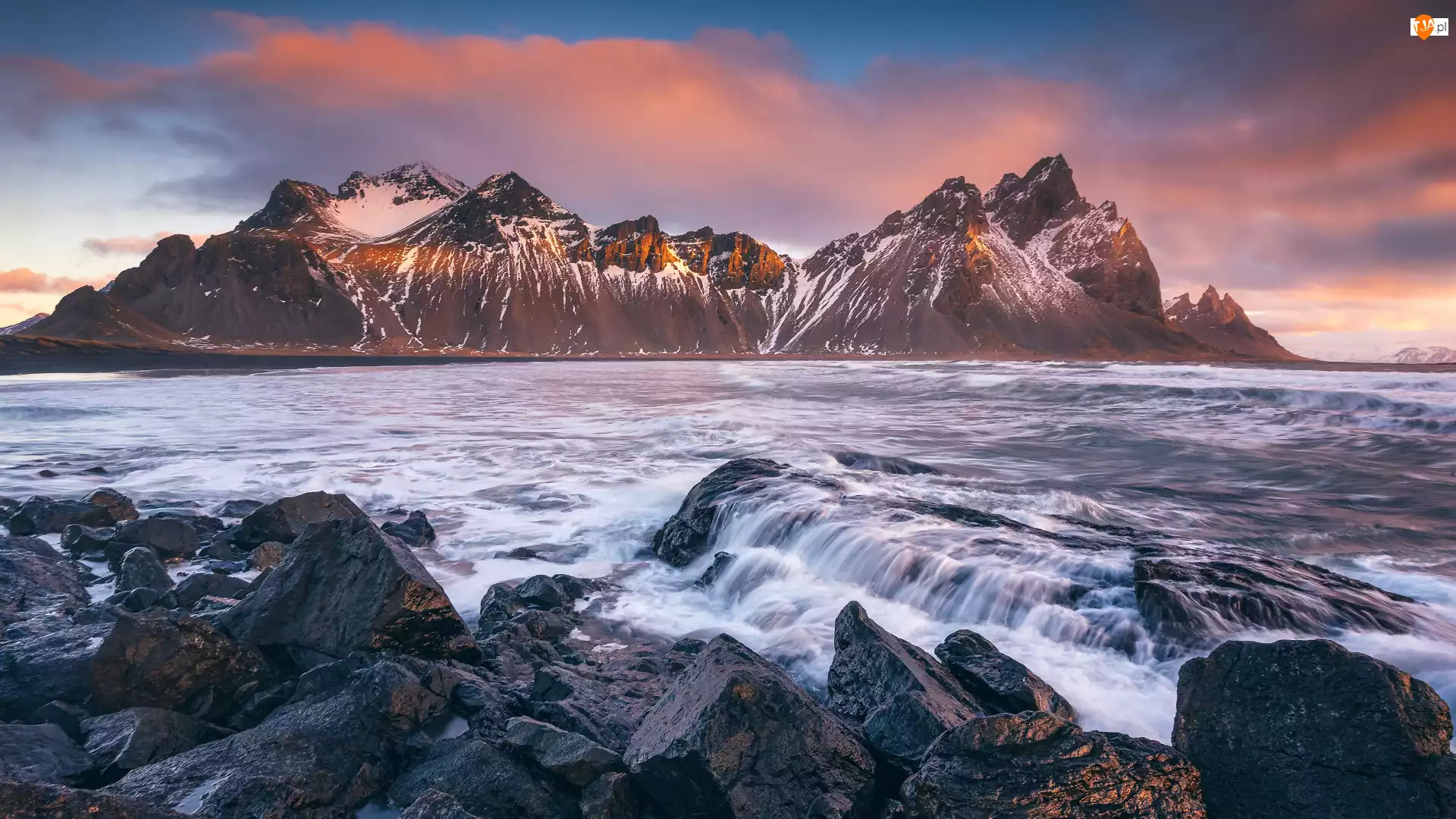 Skały, Morze, Góry, Islandia, Kamienie, Góra Vestrahorn