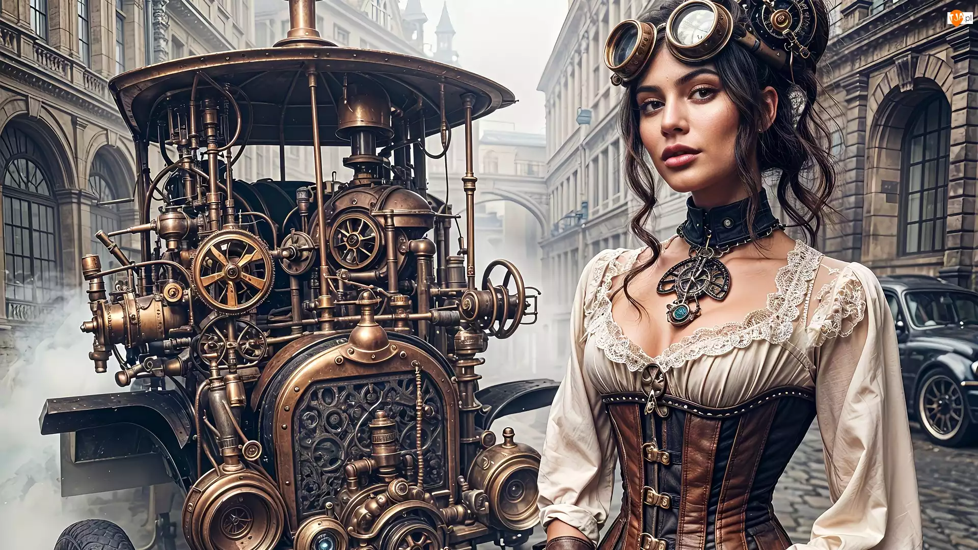 Steampunk, Kobieta, Kamienice, Fantasy, Domy, Samochód