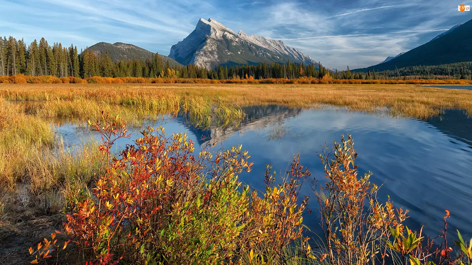 Vermilion Lake, Kanada, Mount Rundle, Jesień, Park Narodowy Banff, Jezioro, Drzewa, Góra