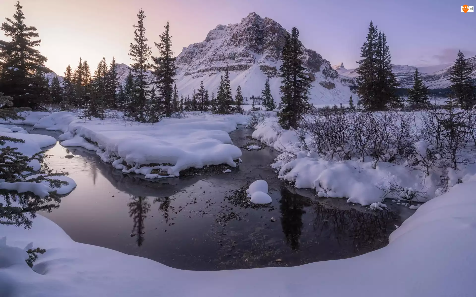 Zima, Kanada, Góry, Drzewa, Alberta, Jezioro, Wschód słońca, Park Narodowy Banff