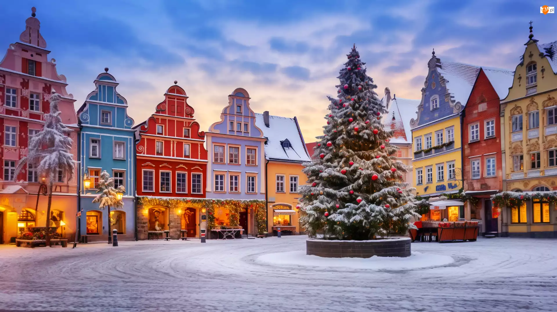 Rynek, Miasto, Boże Narodzenie, Zima, Domy, Choinka