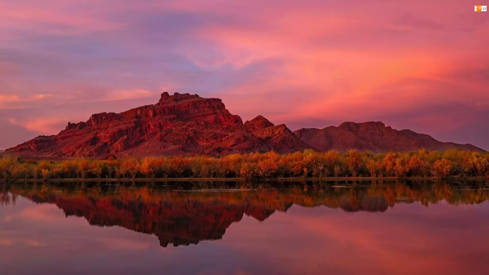 Salt River, Stany Zjednoczone, Goldfield Mountains, Odbicie, Arizona, Rzeka, Drzewa, Góry