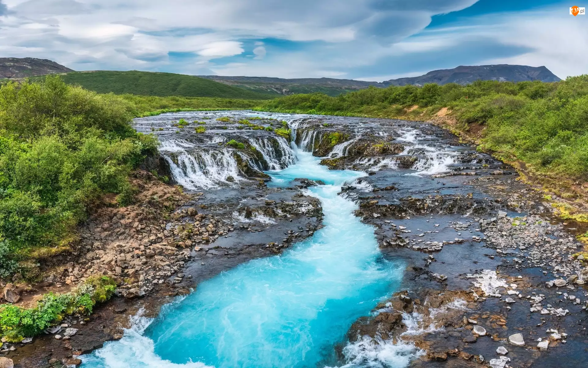 Wodospad, Bruarfoss, Lasy, Islandia, Skały, Bruara, Rzeka