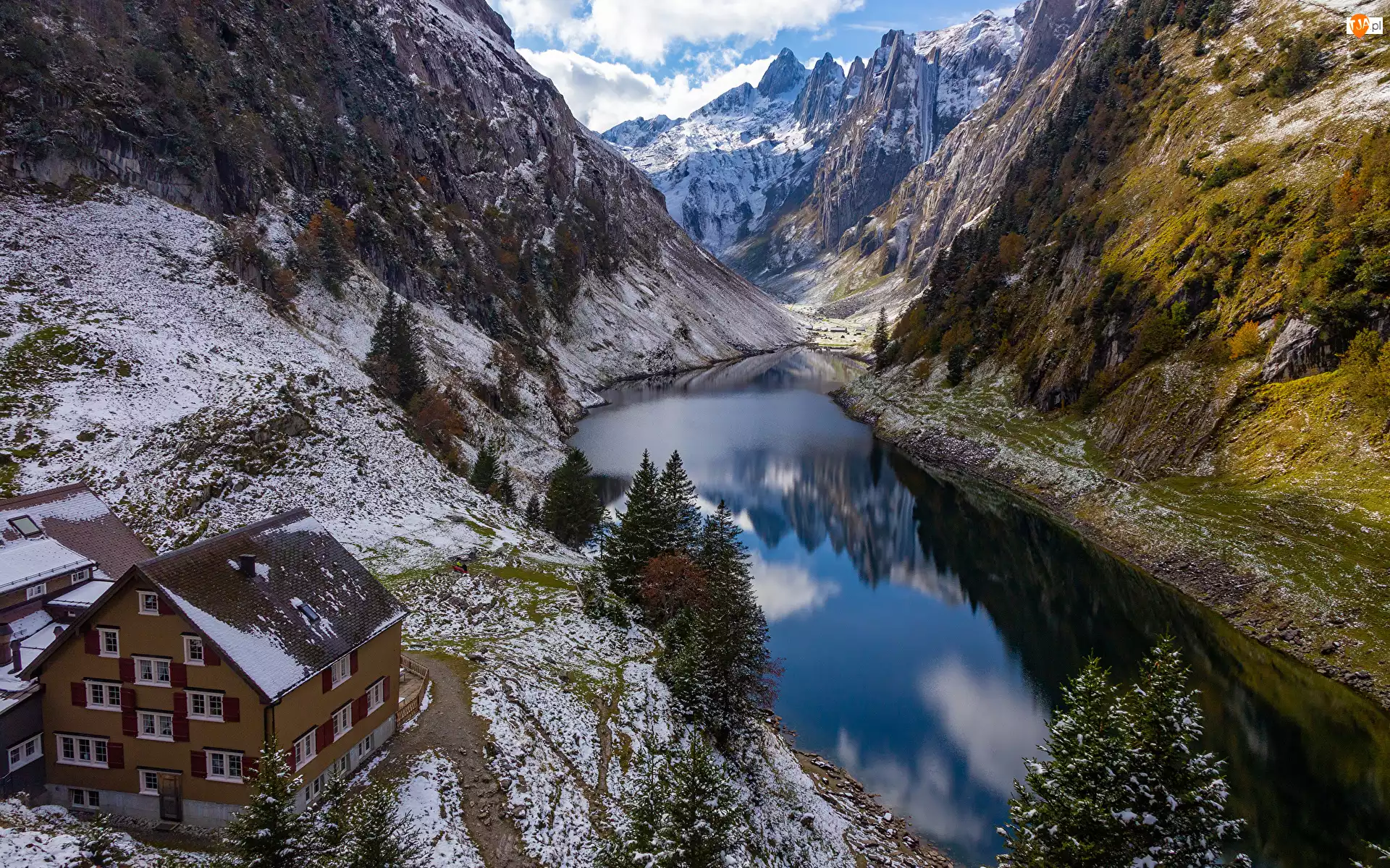 Śnieg, Jezioro, Szwajcaria, Góry Alpstein, Drzewa, Dom, Falensee