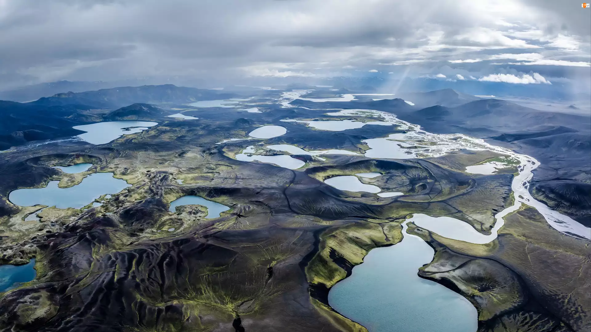 Góry, Islandia, Jeziora, Chmury Z lotu ptaka