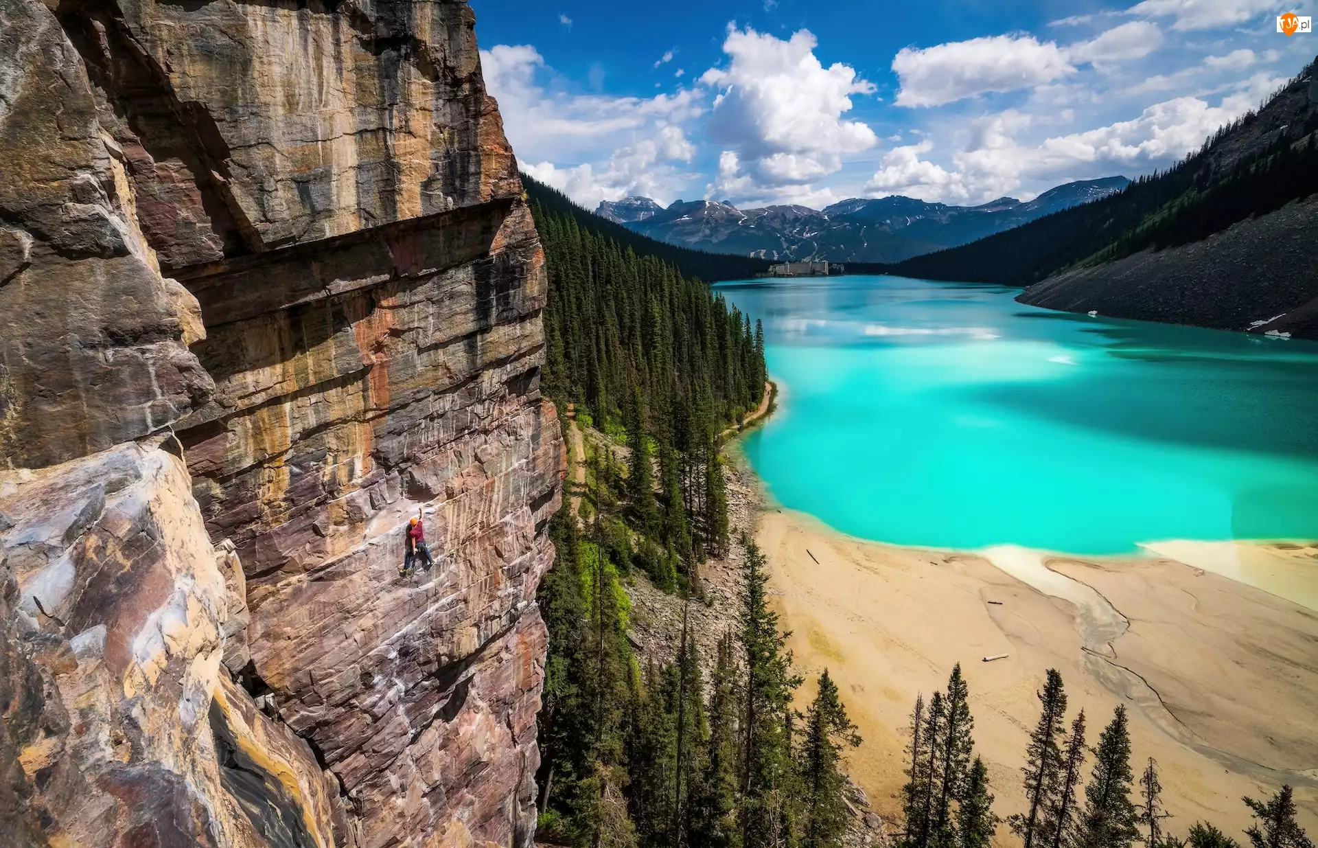 Park Narodowy Banff, Alberta, Człowiek, Drzewa, Skały, Góry Skaliste, Jezioro, Kanada, Louise Lake