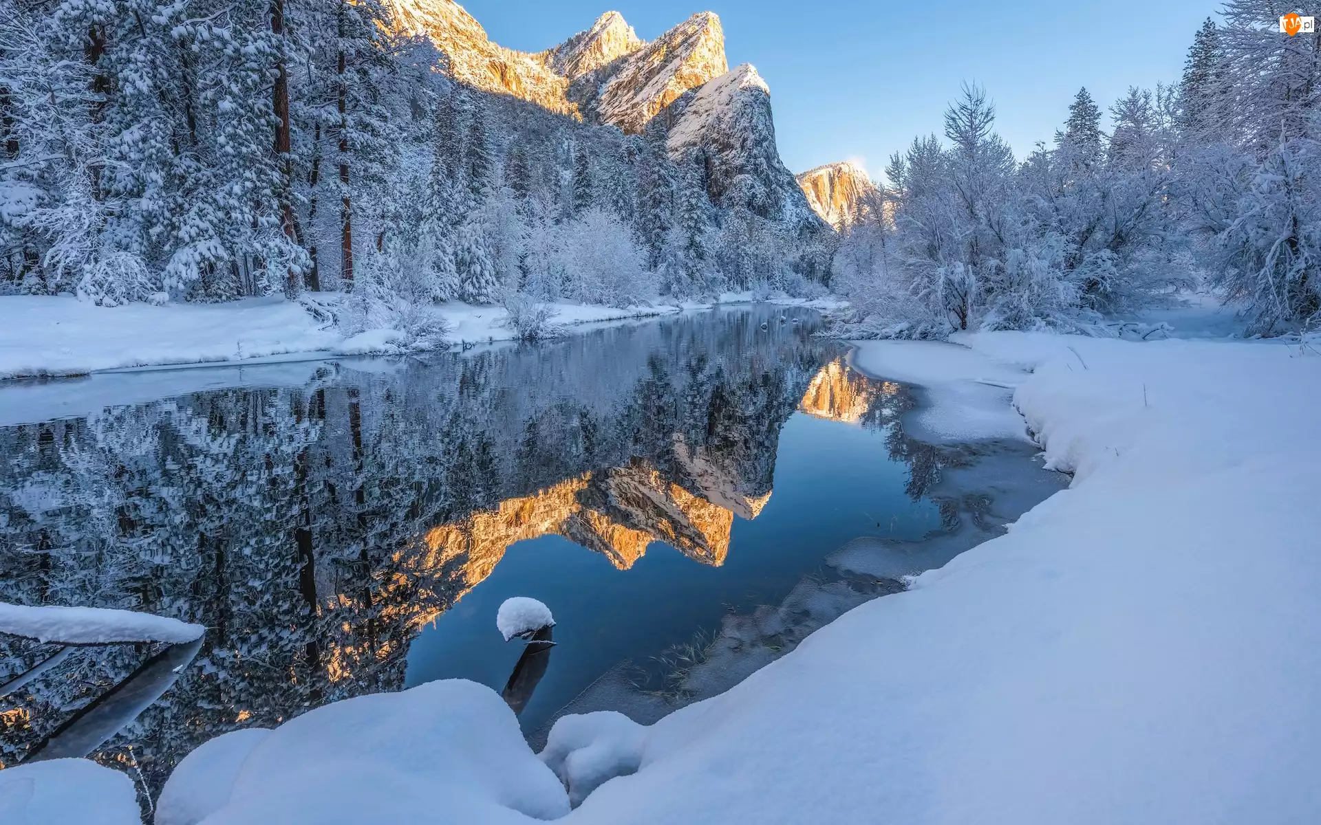 Merced River, Stany Zjednoczone, Góry, Zima, Kalifornia, Rzeka, Drzewa, Park Narodowy Yosemite