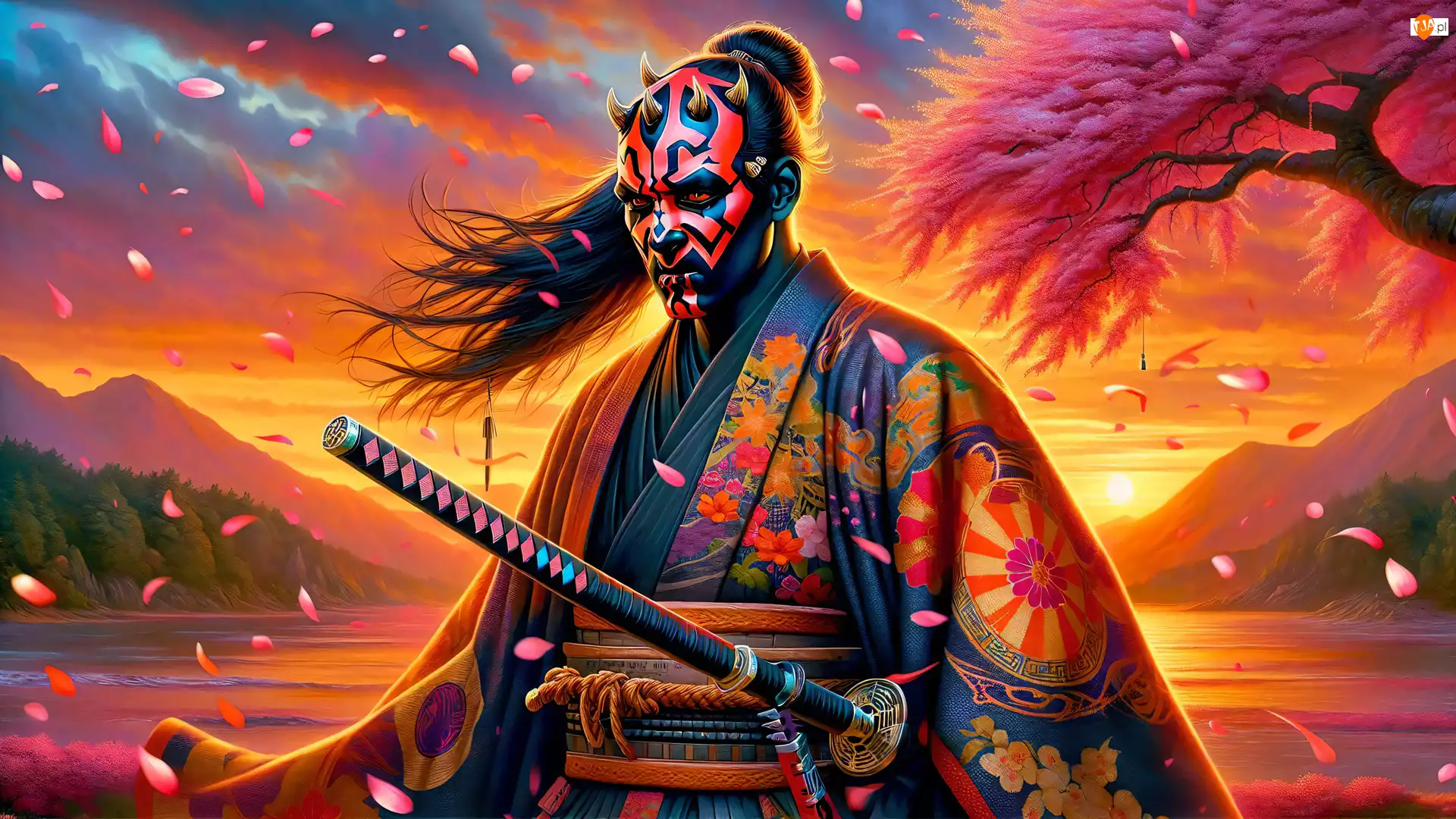 Góry, Darth Maul, Maska, Drzewo, Samuraj, Zachód słońca, Grafika, Kimono