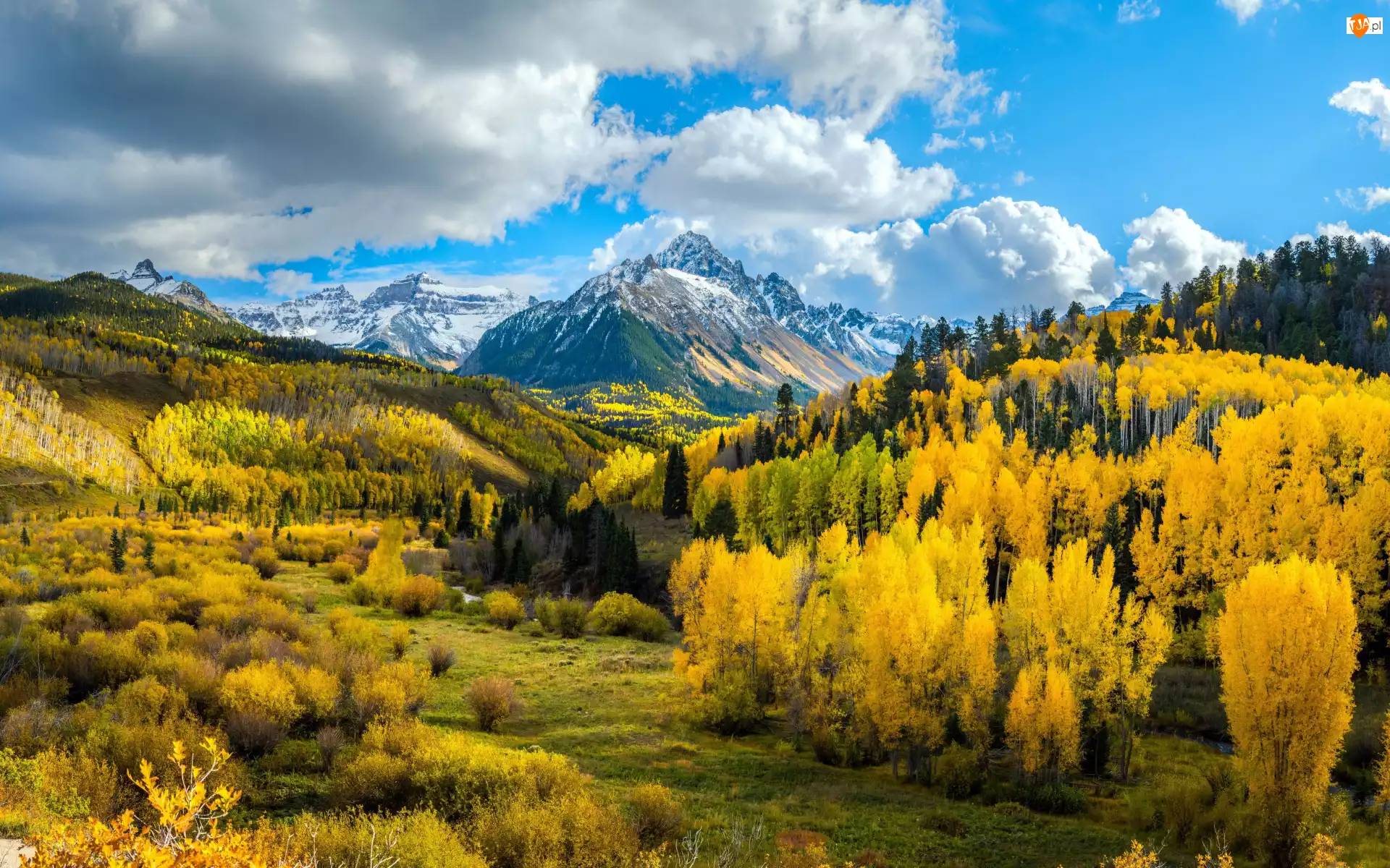 Chmury, Kolorado, Jesień, Lasy, Drzewa, Szczyt, Mount Sneffels, Stany Zjednoczone, Góry Skaliste