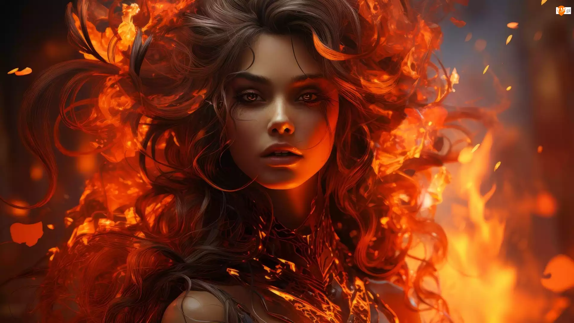 Młoda, Kobieta, Włosy, Grafika, Rozwiane, Płomienie