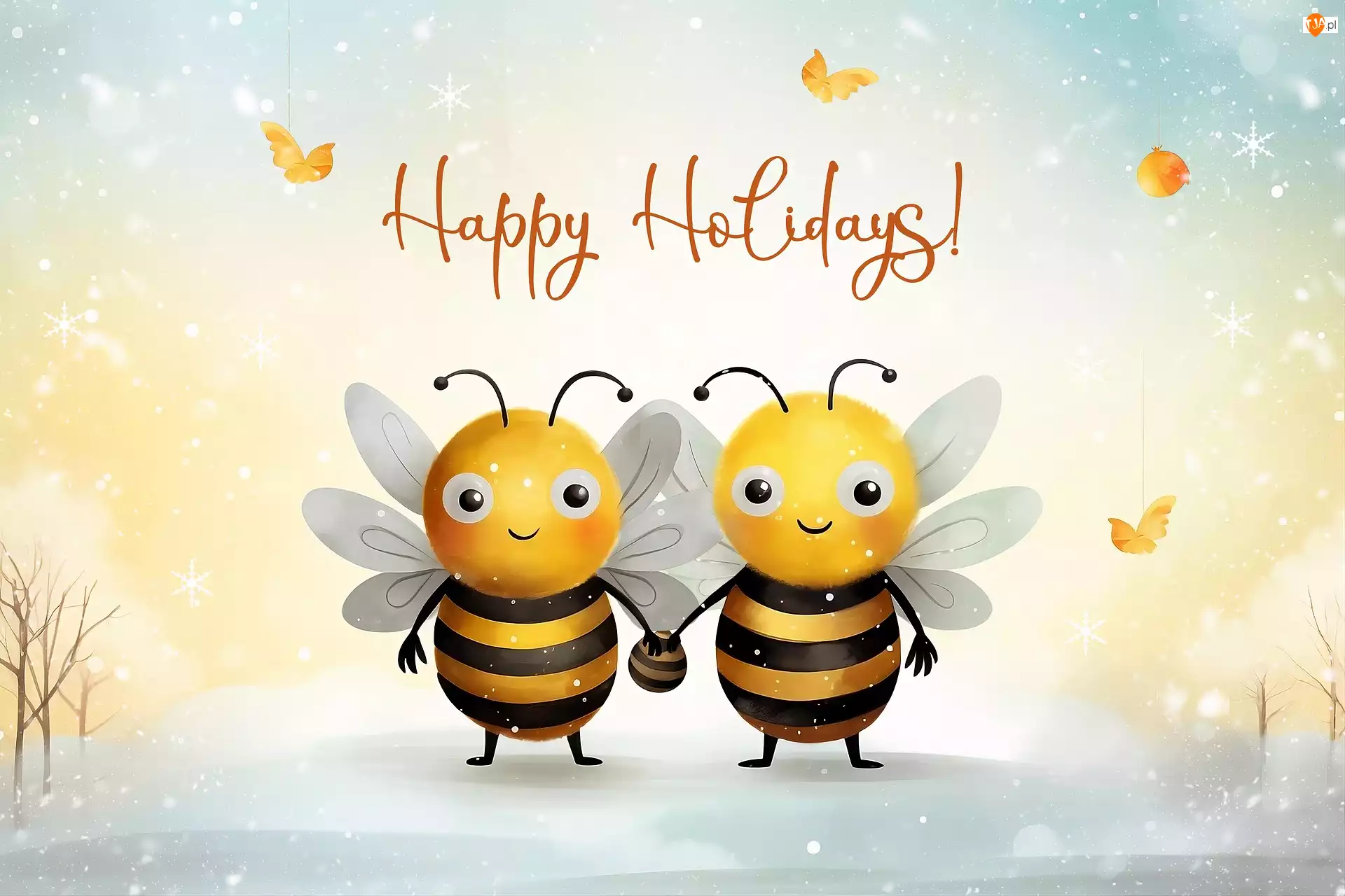 Napis, Grafika, Pszczoły, Dwa, Happy Holidays