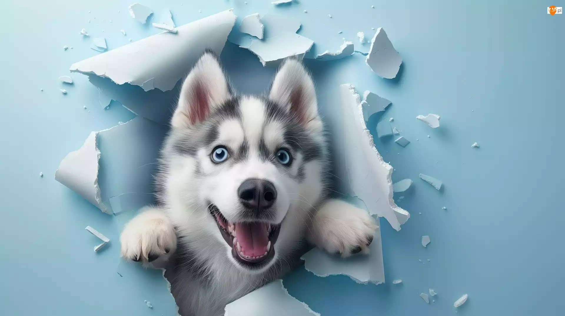 Dziura, Niebieska, Siberian husky, Pies, Ściana
