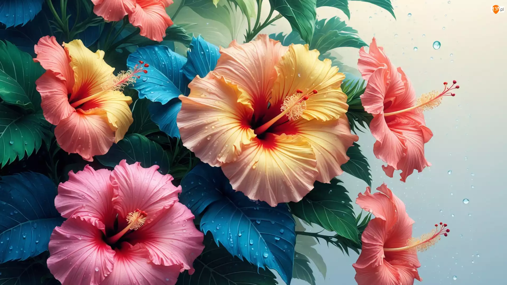 Kolorowe, Hibiskusy, Liście, Grafika, Kwiaty, Krople
