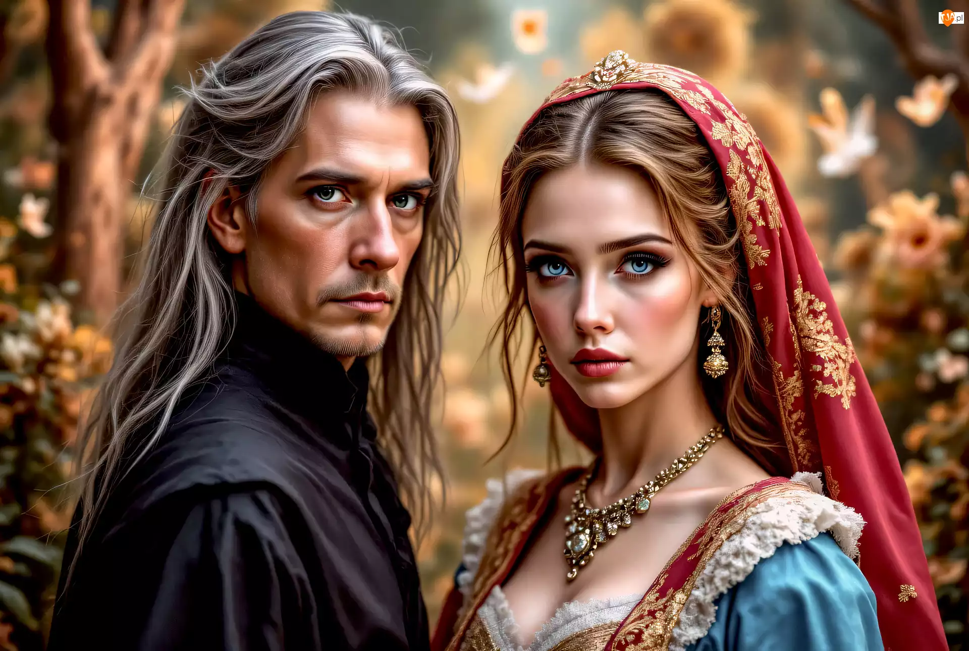 Czerwony, Welon, Grafika, Kobieta, Mężczyzna, Długowłosy, Bizuteria