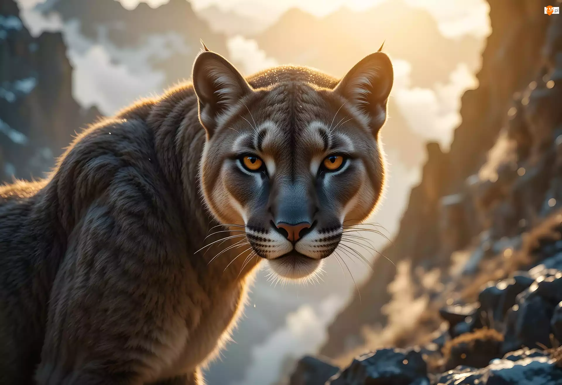 Grafika, Puma, Spojrzenie, Góry