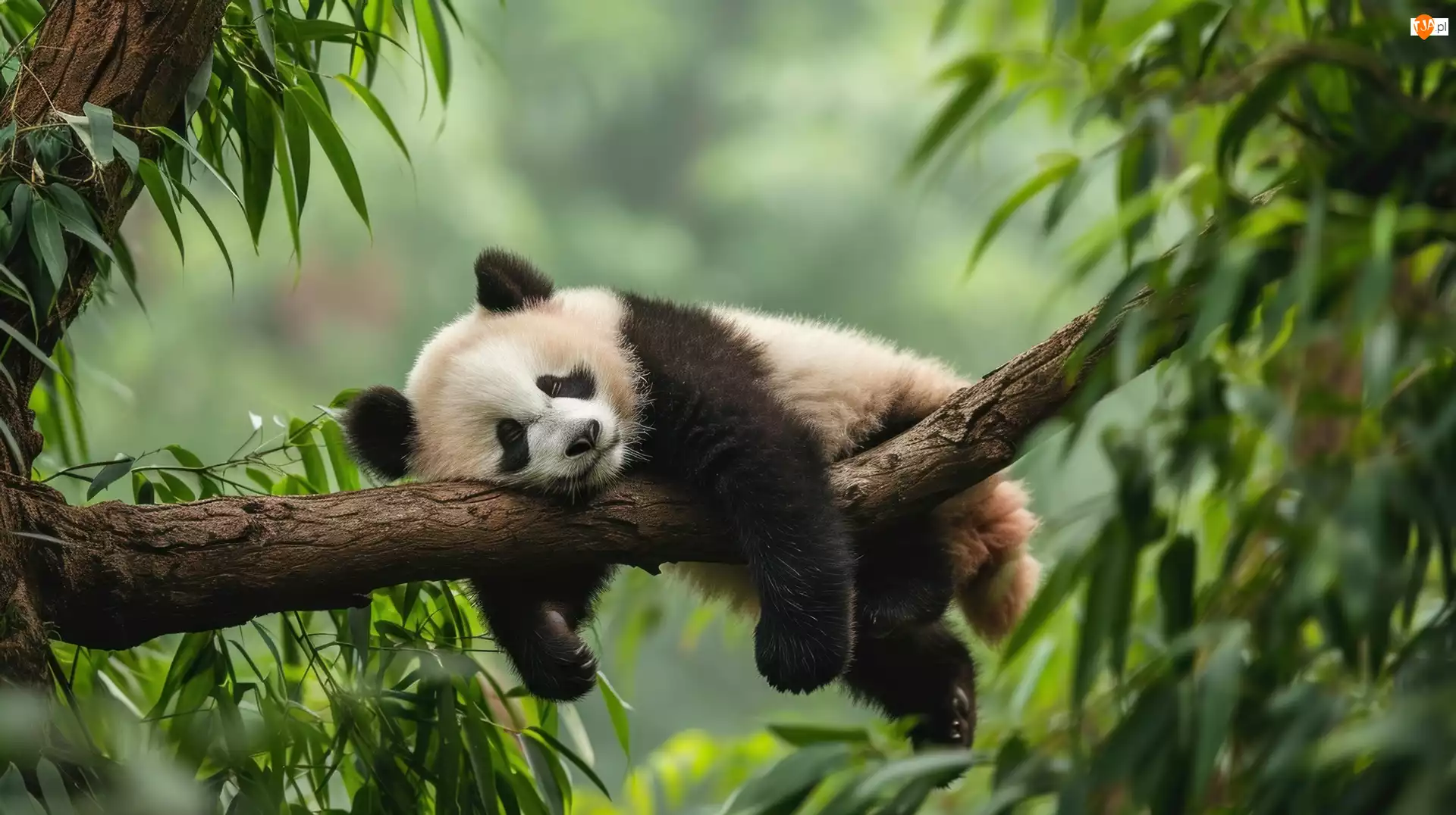 Młoda, Panda, Grafika, Śpiąca, Liście, Konar, Drzewo