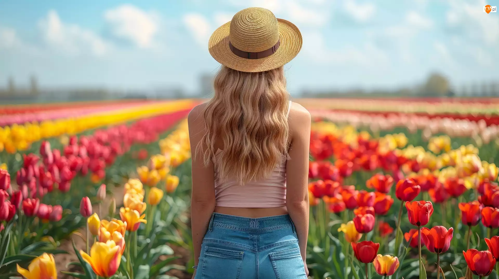 Kwiaty, Kobieta, Kapelusz, Plantacja, Dziewczyna, Tulipany, Grafika, Blondynka