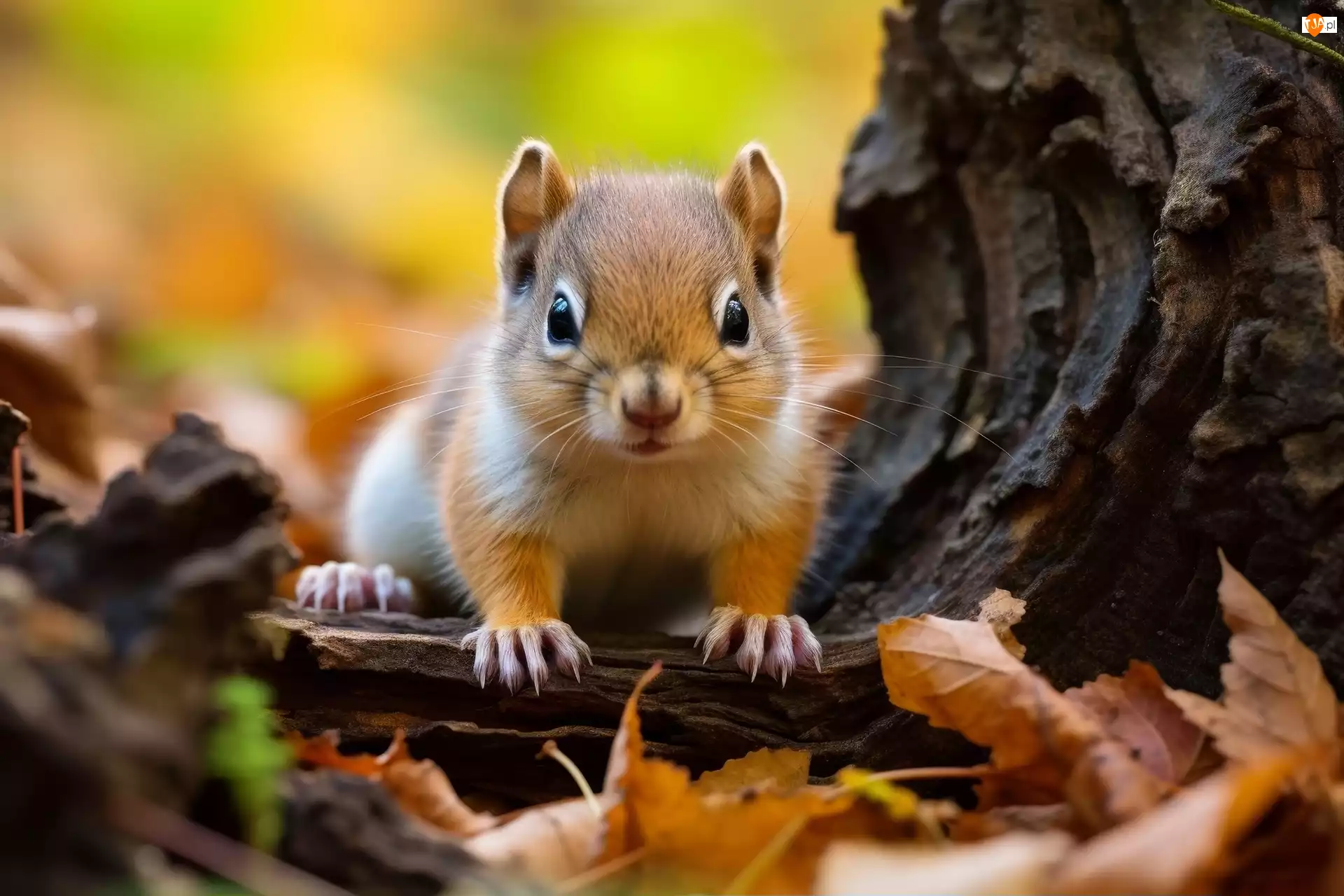 Pień, Jesień, Drzewo, Wiewiórka, Liście