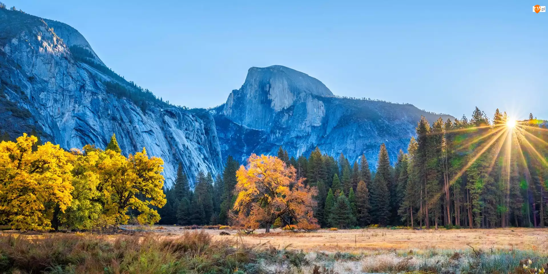 Promienie słońca, Park Narodowy Yosemite, Drzewa, Kalifornia, Góry, Jesień, Stany Zjednoczone, Las