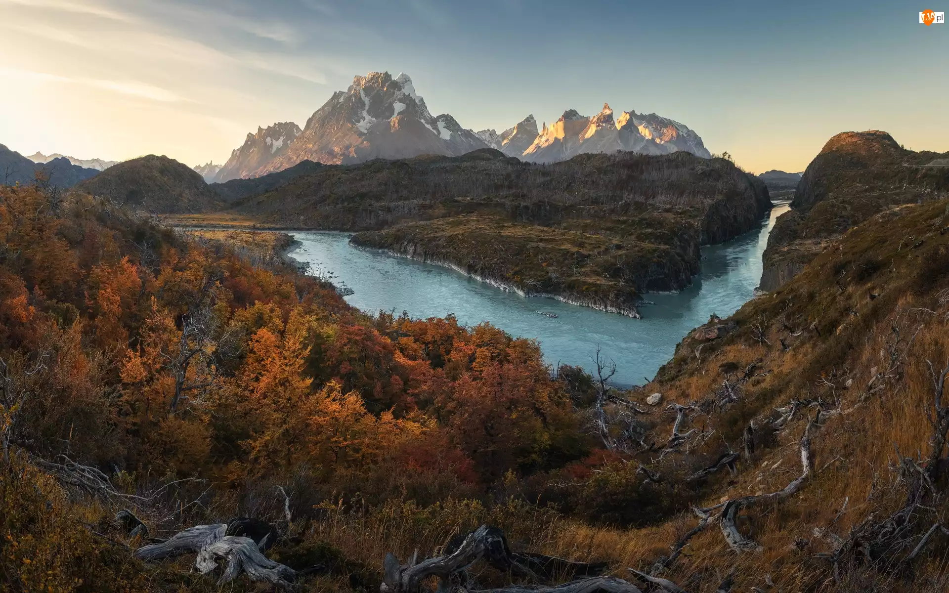 Patagonia, Park Narodowy Torres del Paine, Drzewa, Chile, Jesień, Rzeka, Góry