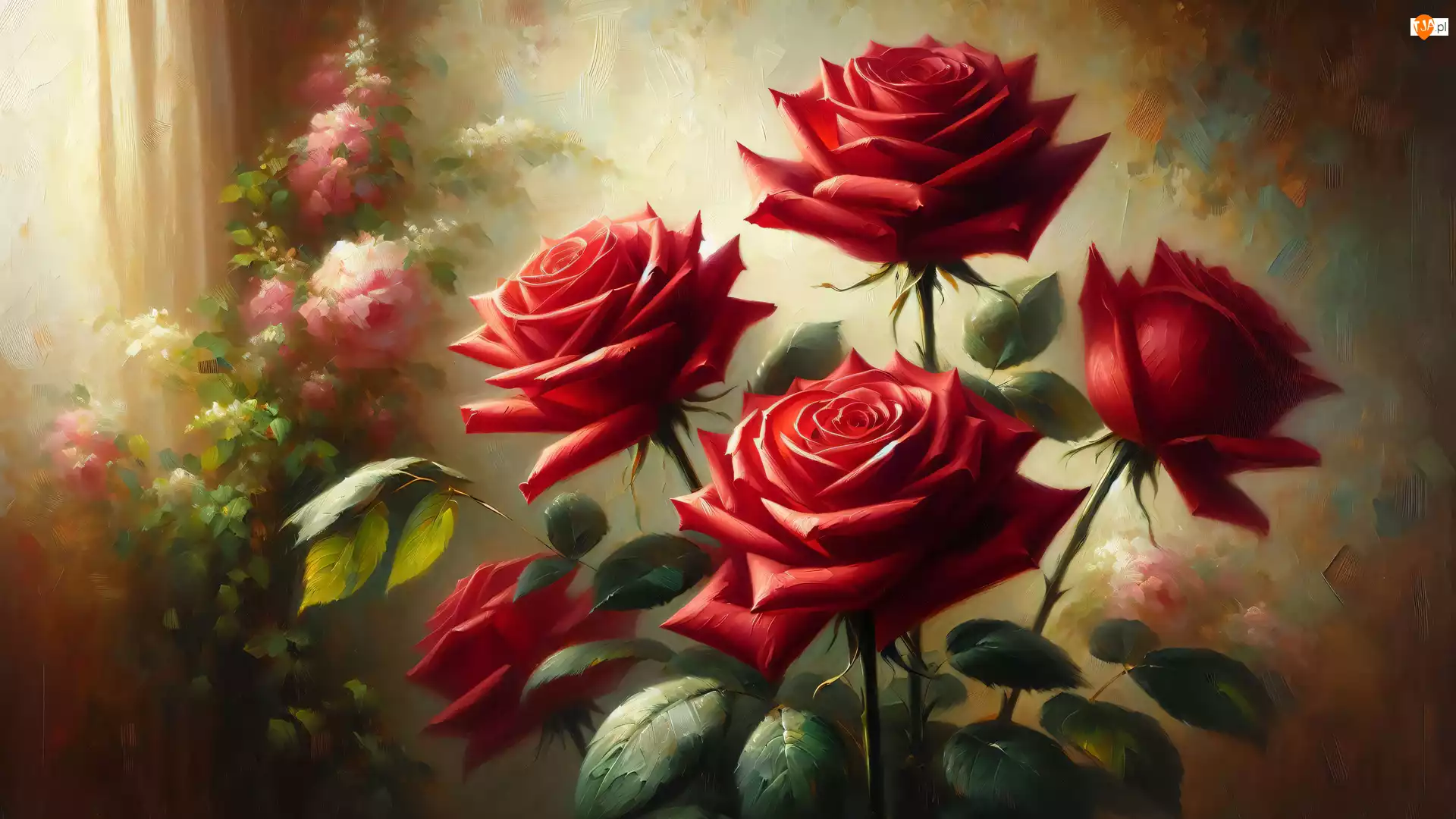 Czerwone, Róże, Grafika, Kwiaty, Rozmycie, Liście, Łodygi