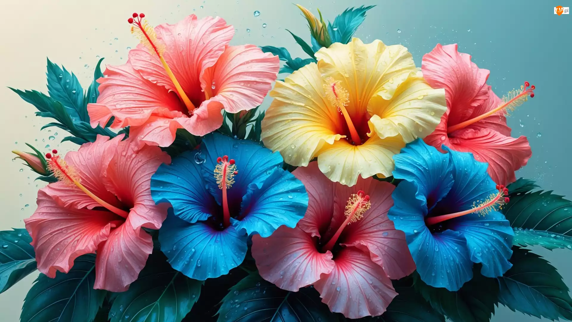 Liście, Kwiaty, Niebieskie, Krople, Hibiskusy, Żółty, Grafika, Różowe