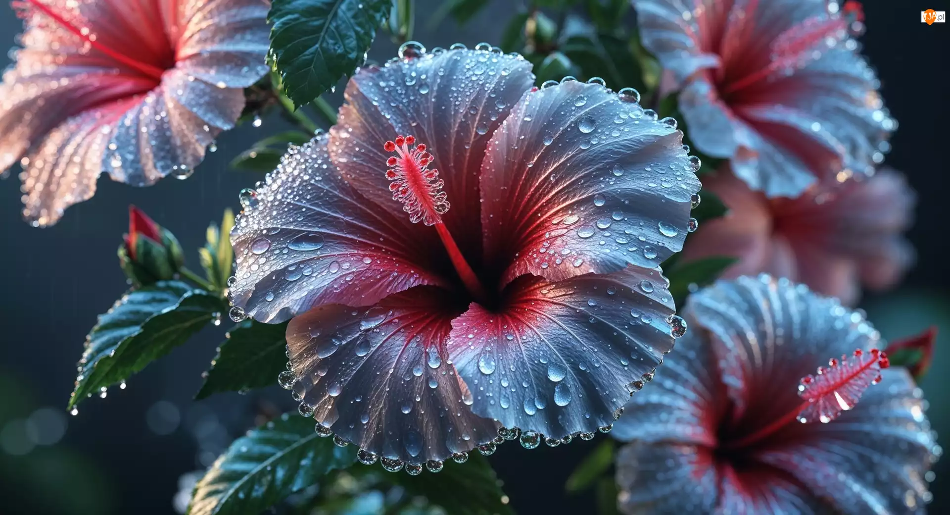 Kwiaty, Grafika, Hibiskusy, Mokre, Krople